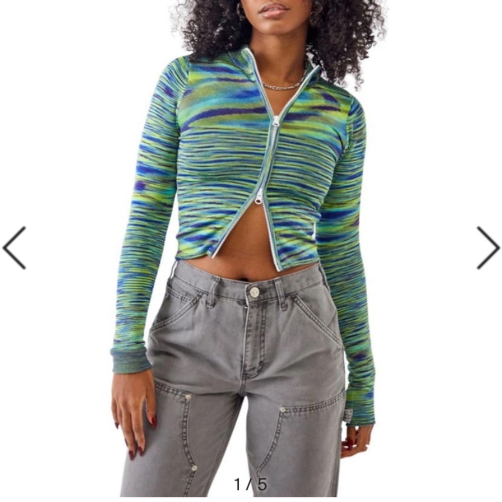 IETS FRANS URBAN OUTFITTERS SPACE DYE ZIP FRONT LOGO LONG SLEEVE TOP CARDIGAN